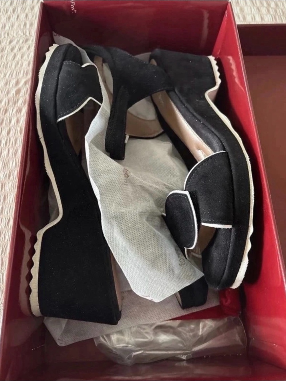 BeautiFeel Black Suede Peep-Toe Wedge Sandals with White Trim